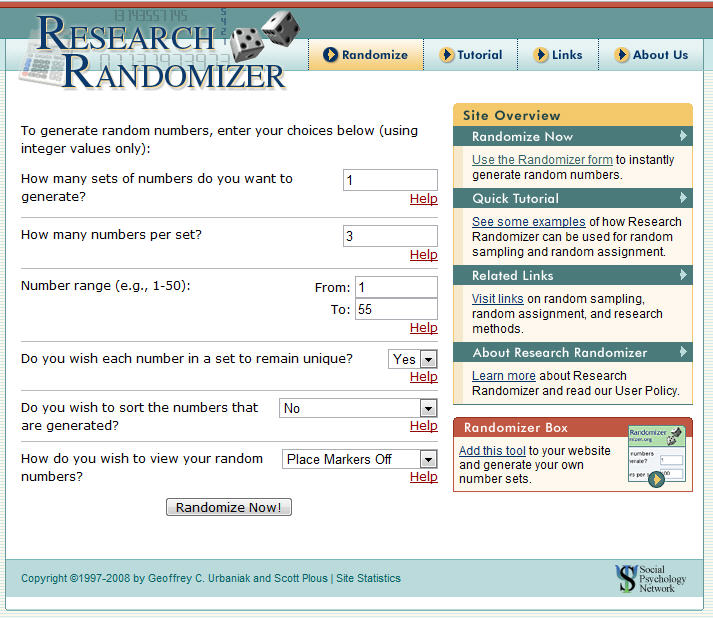 screenshot of the random number generator, showing 3 numbers to be chosen from a range of 1-55