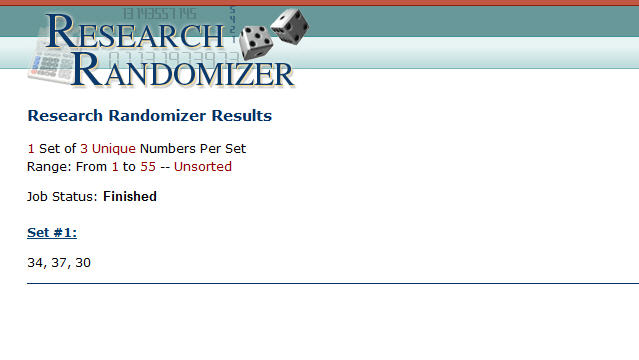 screenshot of result from random number generator showing numbers 34, 37 & 30